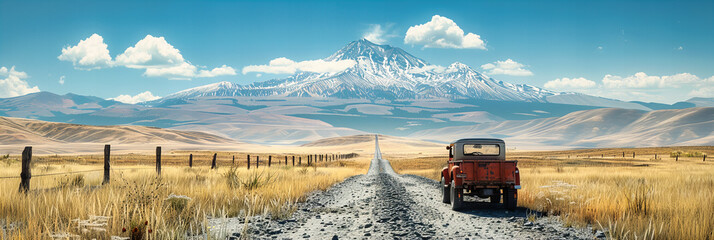 Panoramic Mountain Road Stretching Under Summer Blue Skies, Green Valleys and Snowy Peaks, Scenic Travel Route