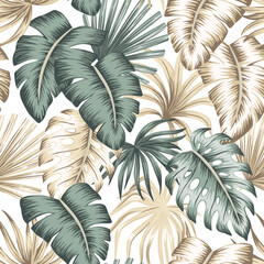 Tropical vintage palm leaves, banana leaves floral seamless pattern white background. Exotic jungle wallpaper. - obrazy, fototapety, plakaty