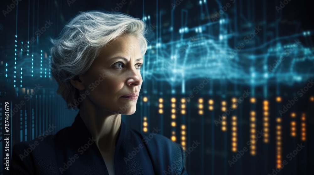 Poster tech analyst study cyber data chart from corporate system for statistical analytic defining marketin