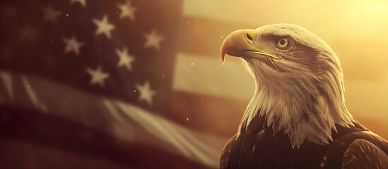 A patriotic banner depicting a majestic eagle against the American flag, with sunlight softly highlighting the emblem. Memorial Day, Independence Day , with copy space - obrazy, fototapety, plakaty