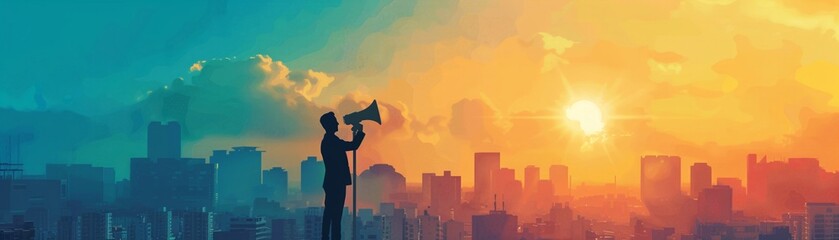A leader standing on a city rooftop with a megaphone, broadcasting innovative ideas to a crowd below, symbolizing inspiration and communication - obrazy, fototapety, plakaty