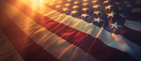 A draped American flag on a banner, catching the morning light to create a vibrant and respectful display for Memorial Day. Memorial Day, Independence Day , with copy space - obrazy, fototapety, plakaty