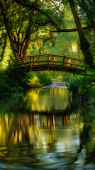 Tranquil River Under Rustic Wooden Bridge Amidst Verdant Greenery in Summer