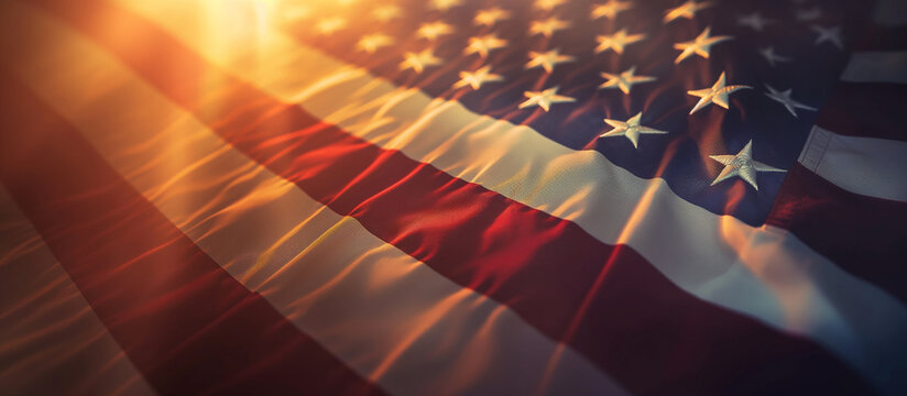 A draped American flag on a banner, catching the morning light to create a vibrant and respectful display for Memorial Day. Memorial Day, Independence Day , with copy space