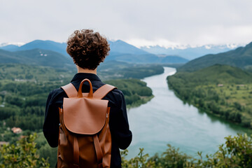 Fototapeta premium Tourist with a backpack against a landscape background. Hiker in the mountains. Сurly man tourist with a backpack. Beautiful landscape and tourist. 