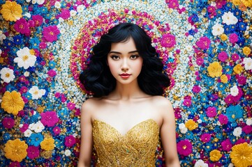 A woman is standing in front of a wall covered in flowers