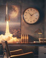 A CEOs office where a large wallmounted alarm clock is paired with a digital rocket launch display, driving home the importance of timely execution in business ventures