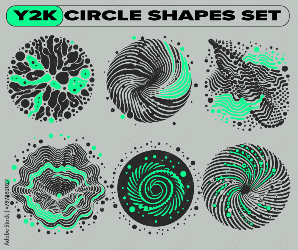 Poster Set of shapes with psychedelic trippy pattern resembling ink blots and stains. Y2K brutalist style.