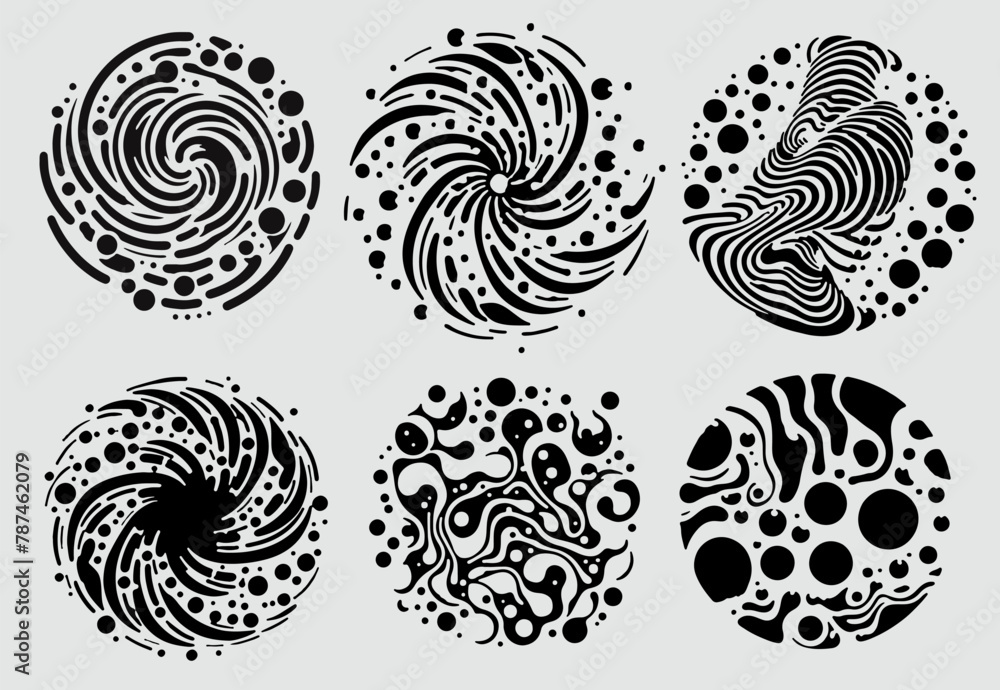 Poster Set of different round shapes with psychedelic trippy pattern resembling ink blots and stains. Perfect for science and technology subject illustrations.