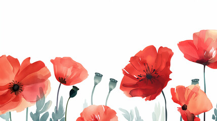 Watercolor red poppies on a white background, representing remembrance for Memorial Day. , watercolor illustration style, flat lay, white background