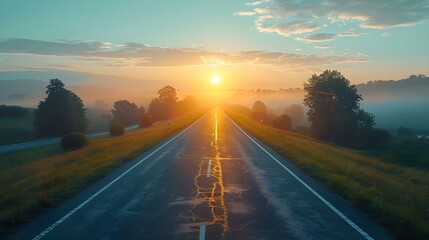 Serene Dawn Horizon on a Countryside Road. Concept Nature Photography, Sunrise Views, Tranquil Scenery, Country Roads, Peaceful Landscapes