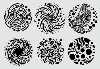 Set of different round shapes with psychedelic trippy pattern resembling ink blots and stains. Perfect for science and technology subject illustrations. - 787462079