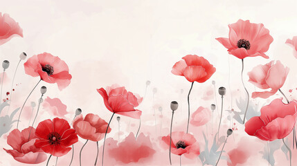 Watercolor red poppies on a white background, representing remembrance for Memorial Day. , watercolor illustration style, flat lay, white background