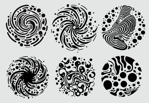 Set of different round shapes with psychedelic trippy pattern resembling ink blots and stains. Perfect for science and technology subject illustrations.