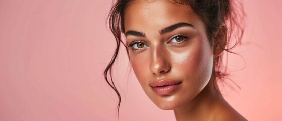 A gorgeous model with a flawless complexion poses before a striking pink cream background