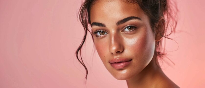A gorgeous model with a flawless complexion poses before a striking pink cream background