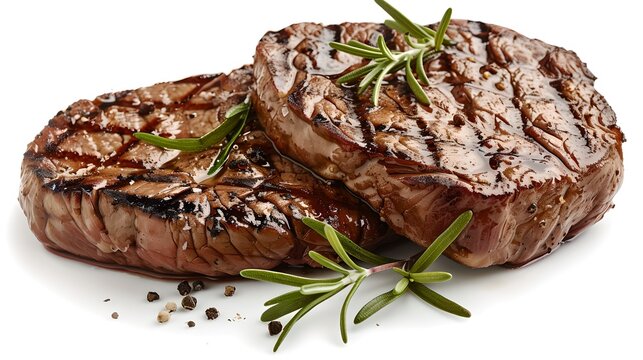 Juicy grilled steaks seasoned with fresh herbs and spices. Gourmet food for advertisements and menus. High-quality image of cooked meat. AI