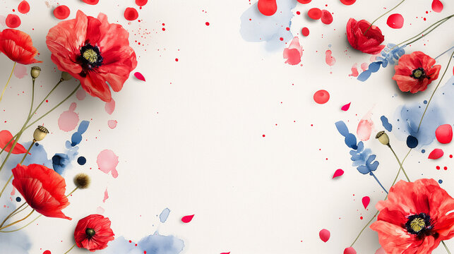 "Memorial Day" in blue, with watercolor American flags and red poppies on the corners of a white canvas. , watercolor illustration style, flat lay, white background, with copy spac