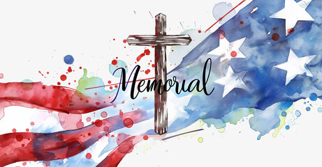 "Memorial Day" above a watercolor painting of a cross draped with an American flag on a white background. , watercolor illustration style, flat lay, white background, with copy spa