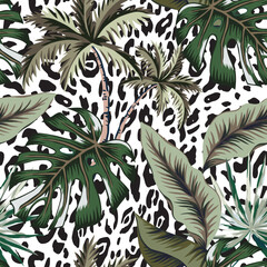 Tropical green monstera, banana leaves, palm trees, leopard animal print background. Vector seamless pattern. Floral illustration. Exotic plants. Summer beach design. Paradise nature