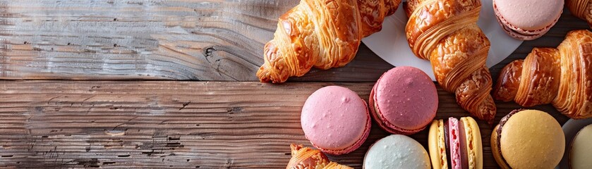 Overhead of buttery croissants assorted macarons - obrazy, fototapety, plakaty