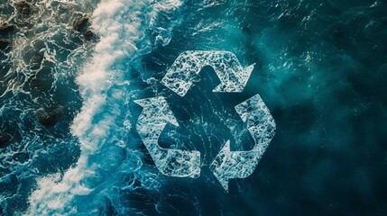 Recycle symbol composed of swirling ocean waters seen from above