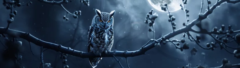 Poster Robot owl perched on digital branch moonlit © Creative_Bringer