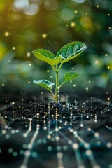 Seedling in soil with digital growth lines tech-enhanced agriculture