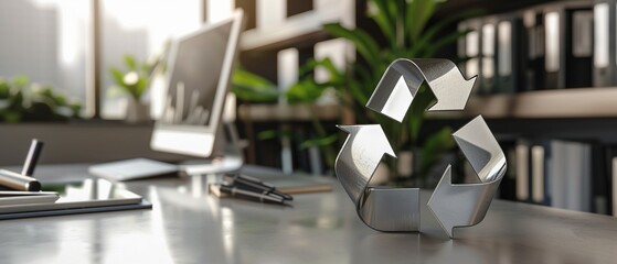Stylized metallic recycle symbol on a sleek modern desk minimalist