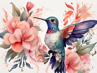 Watercolor Floral Hummingbird Generative AI