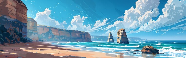 A beautiful beach scene with a large body of water and two large rock formations - Powered by Adobe