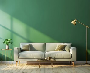 Green wall living room interior mockup with sofa and coffee table