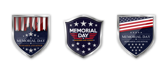 Memorial day. Set of realistic steel shield badges for the holiday memorial day. National holiday of the USA. Vector illustration.