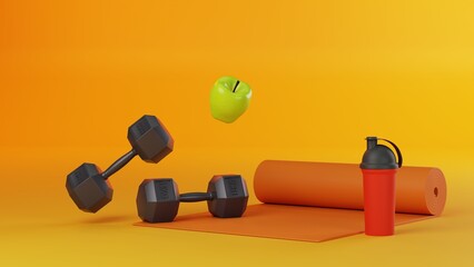 Bright sport equipment. 15 kg weights, green apple, red shaker bottle for protein and orange yoga math isolated on bright yellow background. Fitness and healthy lifestyle concept, 3d rendering - obrazy, fototapety, plakaty