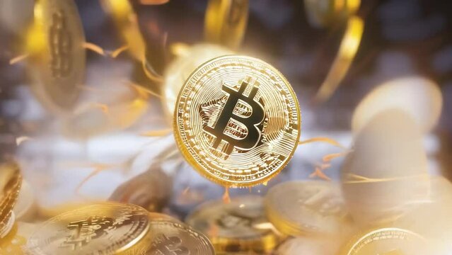 golden bitcoin cryptocurrency spin with sparks on dark background for financial technology