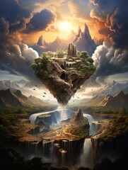 Floating Island with Waterfalls Under a Dramatic Sky