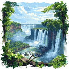 A painting of a waterfall with a lush green forest in the background