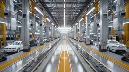 Fototapeta premium Modern Car Manufacturing Plant Interior. Automated Production Line. Industrial Vehicles Assembly Space. Engineering Excellence. High-Tech Automotive Industry. AI