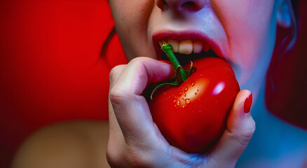 A woman biting into a juicy tomato - obrazy, fototapety, plakaty