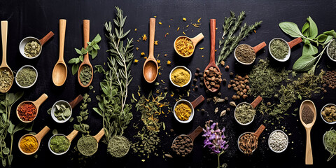 A wooden table with a variety of spices and herbs in small bowls. - Powered by Adobe