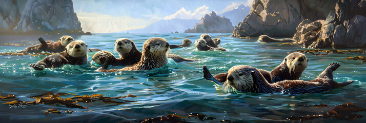 Joyful Gathering of Sea Otters in Scenic Bay - A Peaceful Portrait of Marine Life - obrazy, fototapety, plakaty