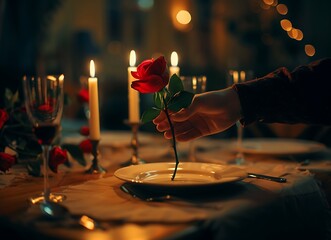 man hands giving red rose to woman hand on romantic dinner table
