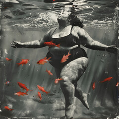 obese woman on swimming suit in the water surrounded by small red fish