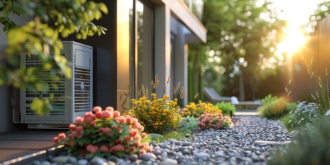 Fototapeta na wymiar Air source heat pump on the wall of a modern house with bright flowers. Generative AI