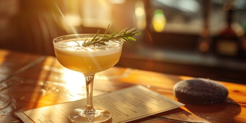 Beverage Photography, Chic Cocktail with Rosemary on Wood Table in Sunset Light,