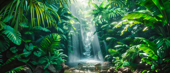 Rainforest Paradise, Dense Green Foliage and Waterfall, Misty Mountain Landscape in Tropical Asia