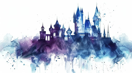 Watercolor magic castle. Fairy tale castle illustration on white background - obrazy, fototapety, plakaty