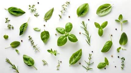 Variety of Fresh Herbs Scattered on White Background, Perfect for Culinary and Health Themes, Clean and Bright Design Style. AI - obrazy, fototapety, plakaty
