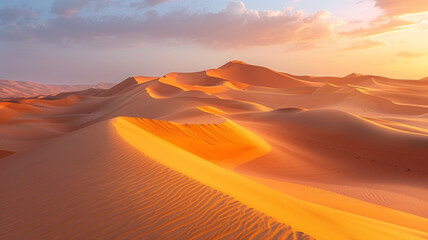Naklejka premium Golden morning light casts long shadows across the undulating sand dunes of the Sahara Desert