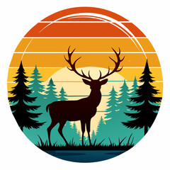 T-shirt design with sunset, in silhouette deer, vintage, white background
